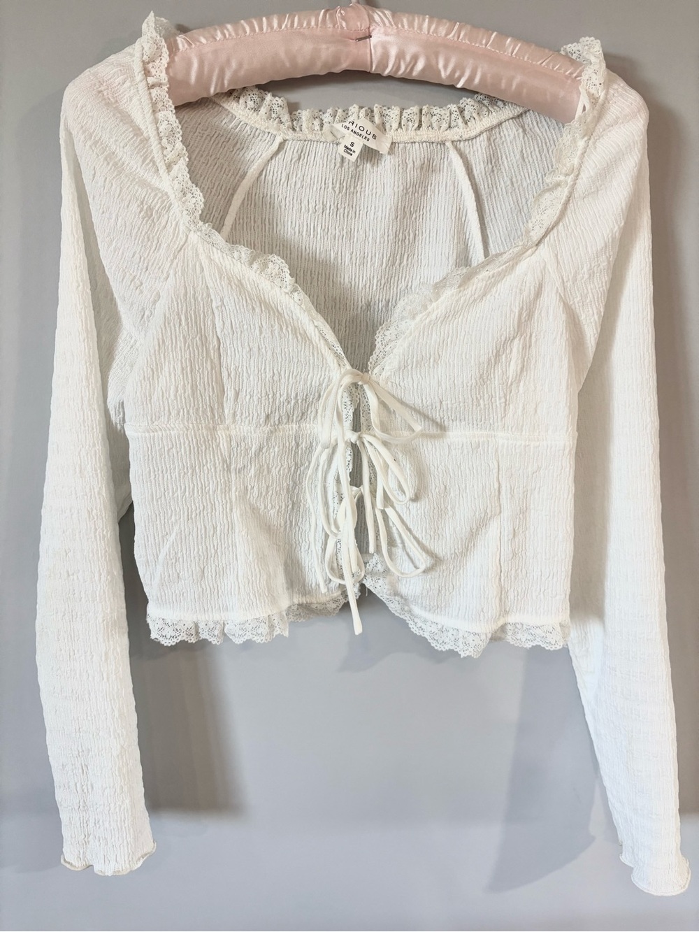 Babydoll White Lace-Trim Front Tie-Front Long Sleeve Top Coquette